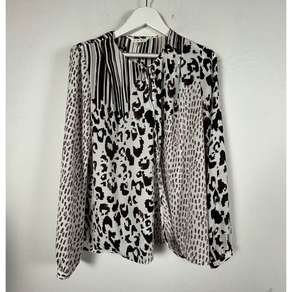 Cabi Womens Animal Print Faux Wrap Semi Sheer Blouse Top XL Brown White Casual
